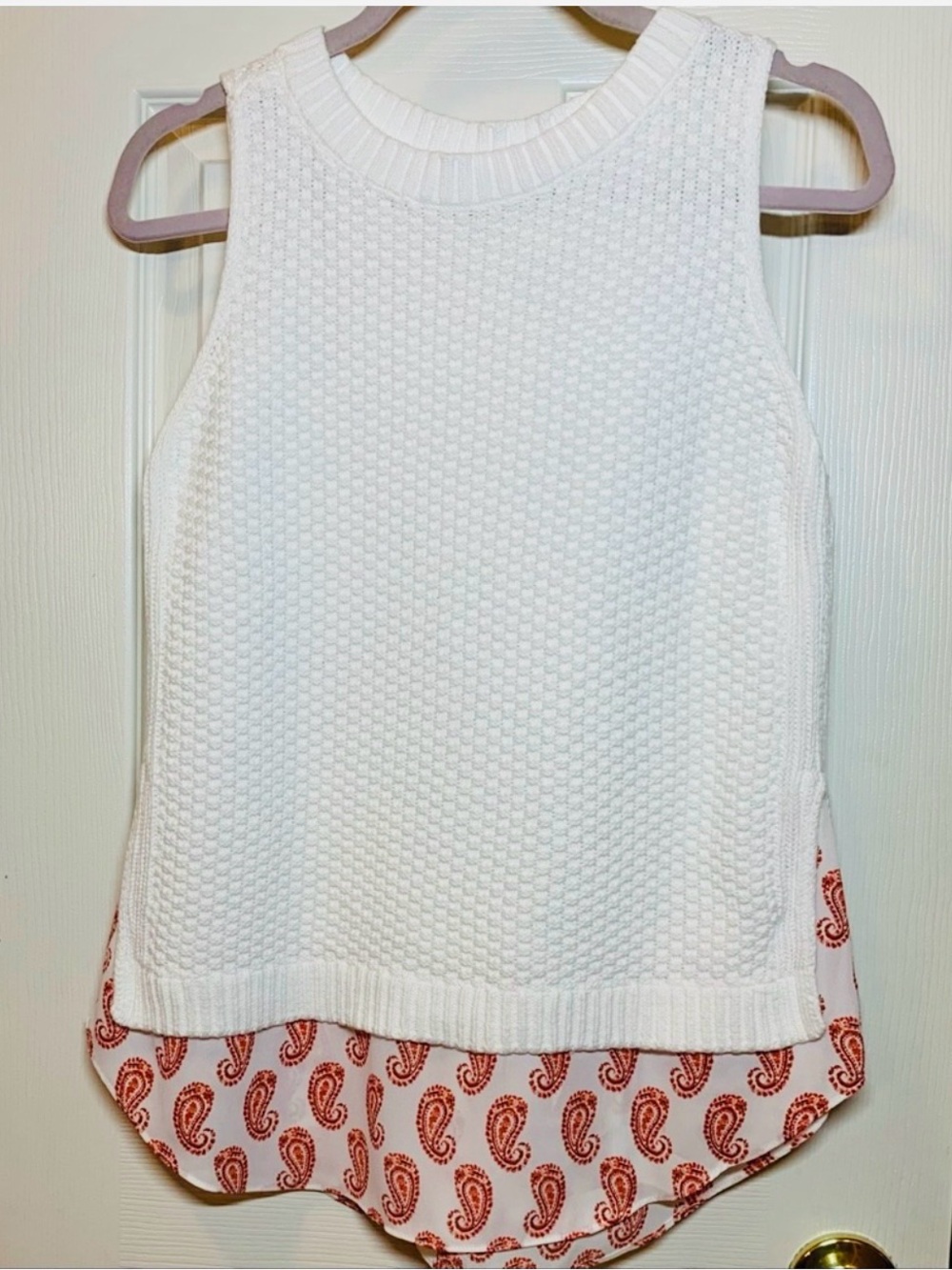 Loft Sweater, White Cotton With Polyester Paisley shirttail trim, Small, EUC